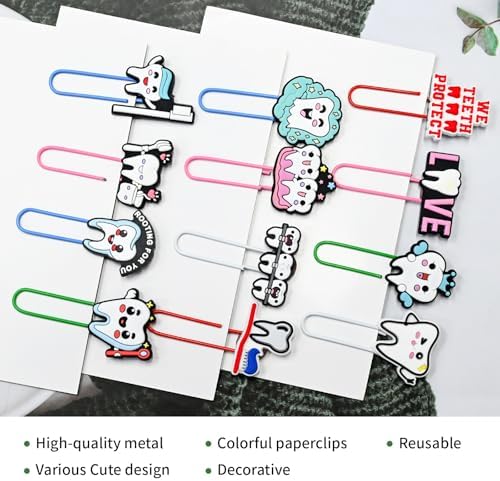 Paper Clips, 20pcs Tooth PaperClips Colored Binder Clips Assorted Book Mark for Dental Gifts Paperwork Office School Decorative - Image 3