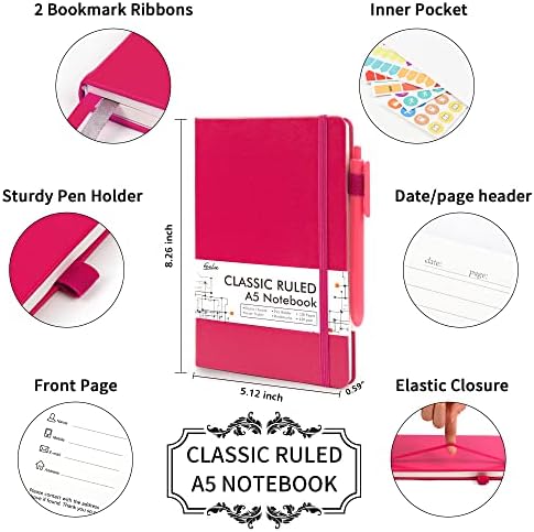 feela 12 Pack Notebooks Journals Bulk, Hardcover Notebook Classic Ruled Lined Journals with Pen Holder for Women Girls School Business Supplies, with 12 Black Pens, 120 GSM, 5.1”x8.3”, A5, Berry - Image 2
