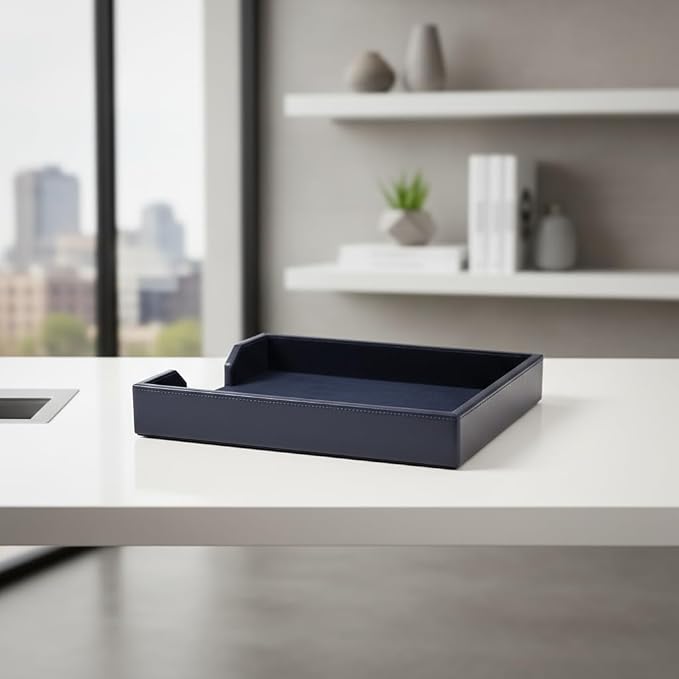 Dacasso Navy Blue Bonded Leather Luxury Letter Tray Holder & Paper Organizer for Desk - Executive Desk Decor & Office Organization Essential - Image 2