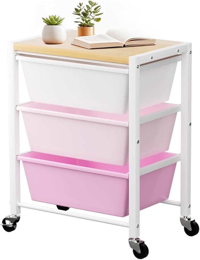 Rolling Cart with 3 Drawers, Plastic Drawer Storage Carts with Lockable Wheels & Wooden Tabletop, Metal Utility Cart Organizer, Office Bedroom Classroom Craft Organization and Storage, Bright Pink by TimeForest