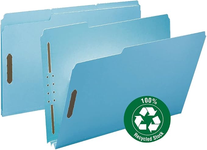Smead 100% Recycled Pressboard Fastener File Folder, 2 Fasteners, 1/3-Cut Tab, 2" Expansion, Legal Size, Blue, 25 per Box (20001) - Image 2