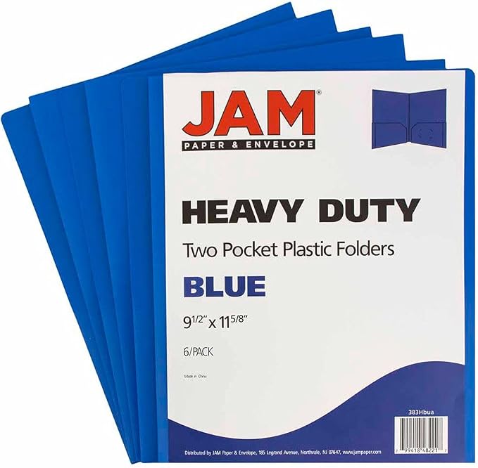 JAM PAPER Heavy Duty Plastic Two Pocket Extra Tough School Folders - Blue - 6/Pack - Image 2