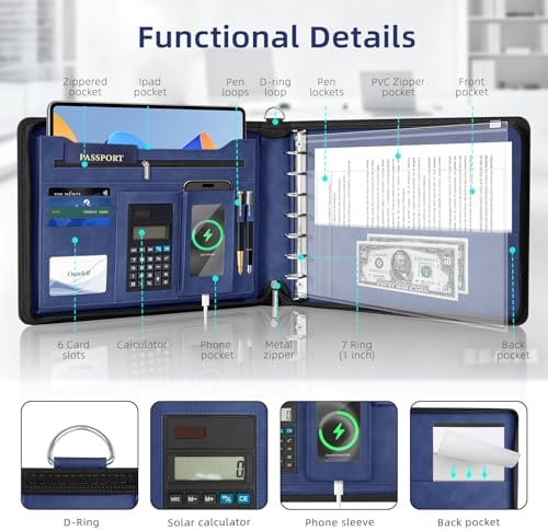 Ospelelf Blue Zippered 7 Ring Check Binder for Business Checks (9" x 13"), 1 Inch Faux Leather Checkbook Portfolio with Zipper Pouch, Professional Binder Organizer for Accountants, Home Use - Image 2