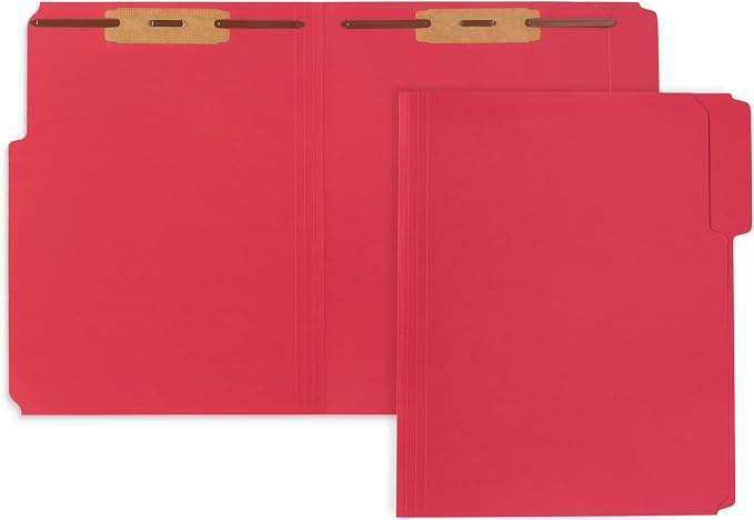 Blue Summit Supplies 50 Red Fastener File Folders, Letter, 2 Prong | Durable 11pt red paper, letter size, 1/3 cut reinforced tabs, bonded 2 prong fasteners, medical, law and office files by BlueSummitSupplies
