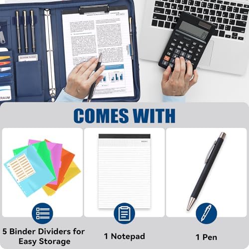 Padfolio Portfolio Binder with Handle, 3-Ring Folder Organizer, Vegan Leather Portfolio with Notepad Includes 5 Dividers with 10 Pockets for Documents Filesfor Documents Files and 1 Pen - Image 3