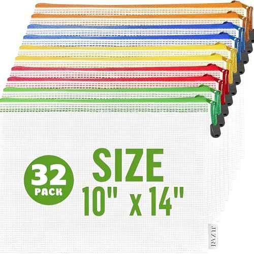 32 Pack Mesh Zipper Pouch Bags 10x14 inch - Mesh Storage Bags - Plastic Zipper Pouches for Organizing - Document Bags With Zippers - Letter Size Zippered Pouch - Document Pouches With Zippers by Juzari