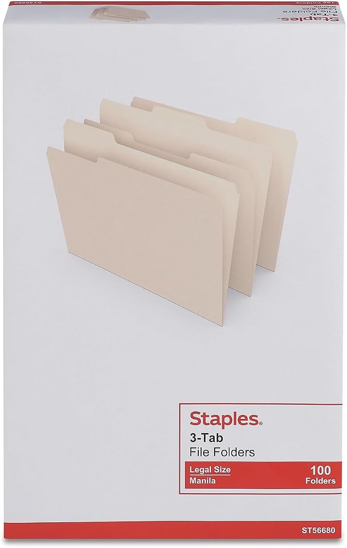 Staples File Folders, Legal Size, 1/3‑Cut Tabs, Manila, Durable Paper Stock, 200/Carton - Image 3