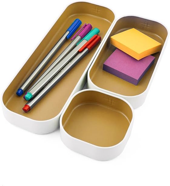 Three by Three Seattle 3 Piece Shallow Metal Organizer Tray Set for Storing Makeup, Stationery, Utensils, and More in Office Desk, Kitchen and Bathroom Drawers (1 Inch, Gold and White) - Image 3