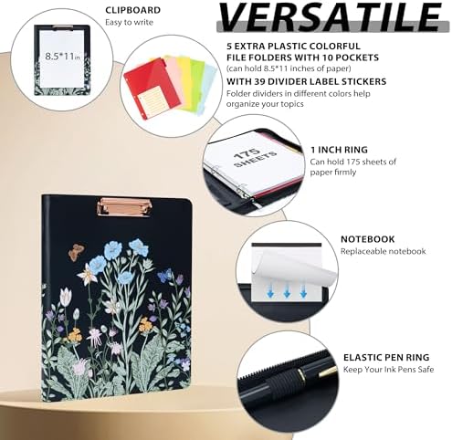 Ospelelf Leather Clipboard with Storage, Zippered Padfolio Portfolio Organizer, 3 Ring Binder 1 Inch, Notepad, Tablet Sleeve, 5 Dividers with Pocket for Office,Students, Teachers Night Flowers - Image 3