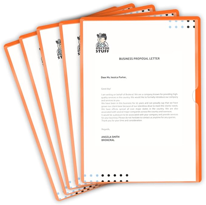Doctor Stuff - 100 Pack L-Type Vinyl Plastic File Folders Letter Size, Orange Pocket Project Folders Clear Front, Documents Holder for Home, High School, Office and Medical Files - Image 2