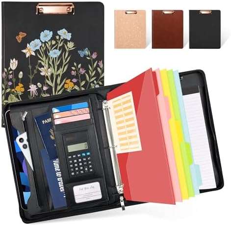 Ospelelf Leather Portfolio Folder with Zipper - 3 Ring Binder with Clipbard - Calculator, 12.1” Tablet Sleeve, 5 Dividers with 10 Pockets, Refillable Notepad, Card Holder (Bushes) by OspelelfOfficeSupplies