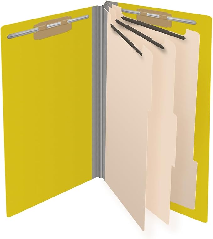 Ecom Folders End Tab Pressboard Classification Folders | Legal Size 25 Pt Type III Stock with 3 Dividers & 3" Tyvek Expansion | 2 Fasteners Pos 1 & 3 for Medical & Office Docs | Yellow, Box of 10 - Image 4