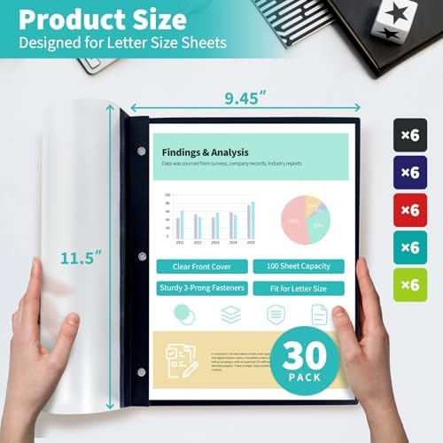 Heavy-Duty Report Covers with 3 Prongs, 100-Sheet Capacity, Assorted,30Pack - Image 2