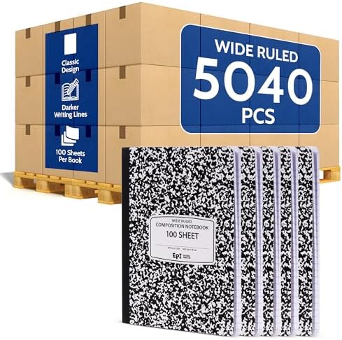 5040 Pack (Pallet) EPI Wide Ruled Composition Notebook Bulk, 200 pages (100 Sheets), 9-3/4 x 7-1/2, Black Marble, Bulk School Supplies, Heavy Duty, Durable Office Notebooks, Sturdy Sewn Binding by EPI