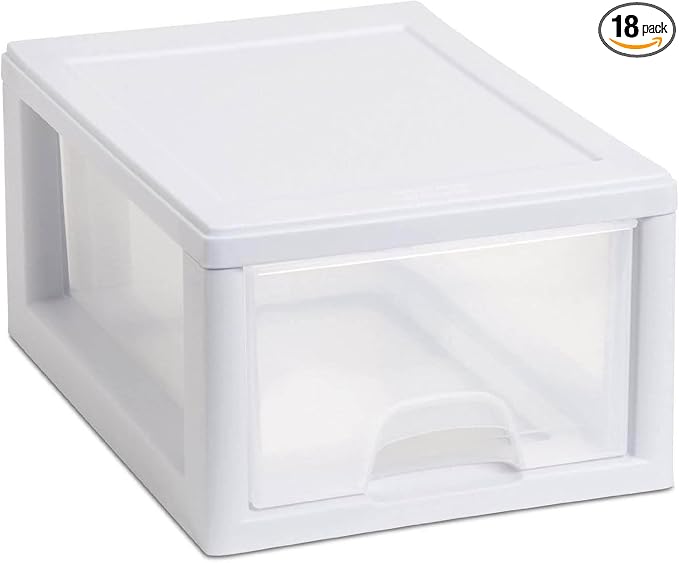 Sterilite Stacking Drawer Storage Organizer for Clothes, 6 Quart, 18-Pack | White Frame, Stackable Modular Clear Plastic Drawers & Containers for Clothing, Accessories, Craft Supplies, Shoes or Linens by Sterilite