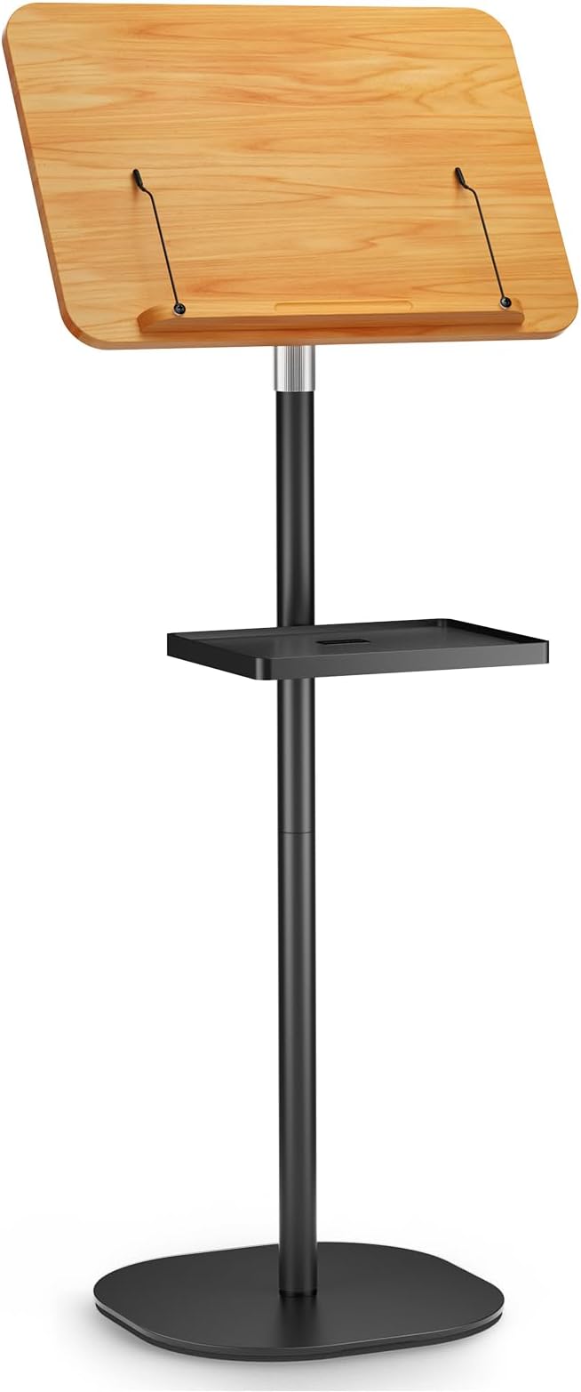 2 in 1 Adjustable Floor Book Stand & Music Stand with Removable Tray, 19.7" to 51.2" Foldable Reading Book Holder with Page Clips for Laptop, Cookbooks, Sheet Music, Wooden Podium Stand for Projector - Image 9