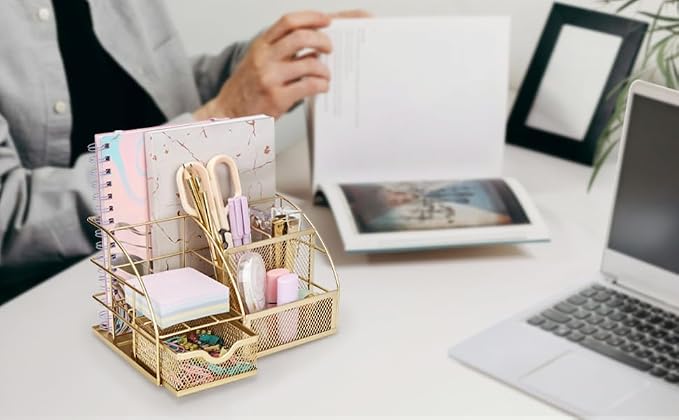 Exerz Desk Organizer Metal Mesh 7 Compartments Office Tidy Caddy Gold | Compact Gold Metal Mesh Design with Drawer and Multi Size Sections for Pens Notes Papers and Home Office Items - Image 5