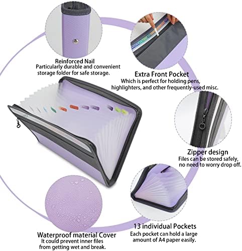 NAFY Accordion File Organizer, 13 Pockets Expanding File Folder with Zipper, A4 Letter Size Portable Accordion Expanding File Folders with 27pcs Colour Labels for Home Office School Supplies (Lilac) - Image 3
