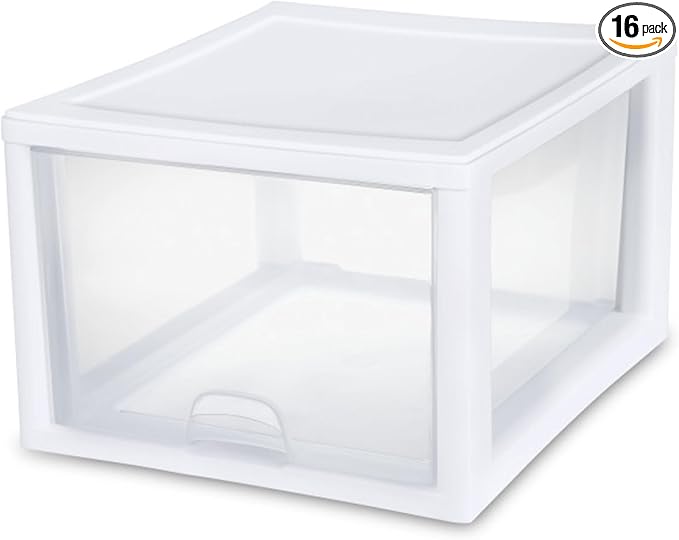 Sterilite Stacking Drawer Storage Organizer for Clothes, 27 Quart, 16-Pack | White Frame, Stackable Modular Clear Plastic Drawers & Containers for Clothing, Accessories, Craft Supplies, Shoes or Linens by Sterilite