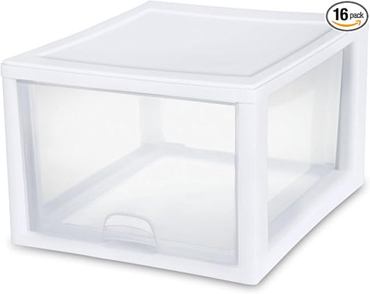 Sterilite Stacking Drawer Storage Organizer for Clothes, 27 Quart, 16-Pack | White Frame, Stackable Modular Clear Plastic Drawers & Containers for Clothing, Accessories, Craft Supplies, Shoes or Linens by Sterilite