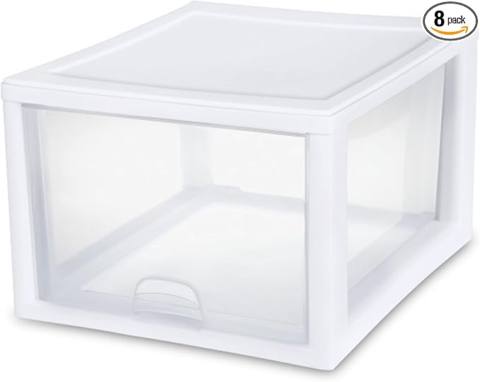 Sterilite Stacking Drawer Storage Organizer for Clothes, 27 Quart, 8-Pack | White Frame, Stackable Modular Clear Plastic Drawers & Containers for Clothing, Accessories, Craft Supplies, Shoes or Linens by Sterilite