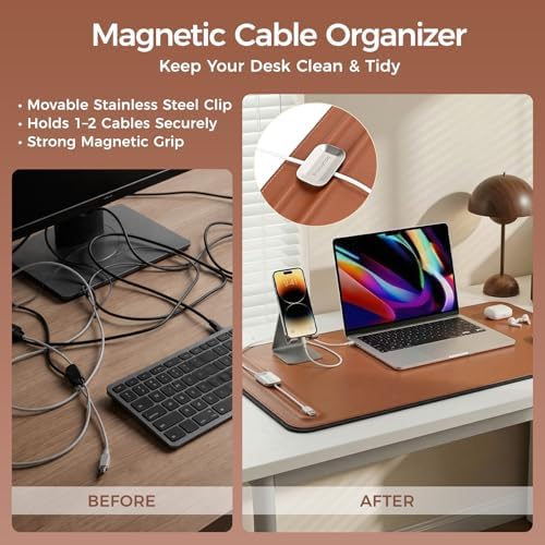 Desk Mat – Double-Sided Vegan Leather & Felt | Built-In Magnetic Cable Organizer & File Storage | Premium Workspace Pad for Office, Gaming & Creative Professionals-（Brown） - Image 3
