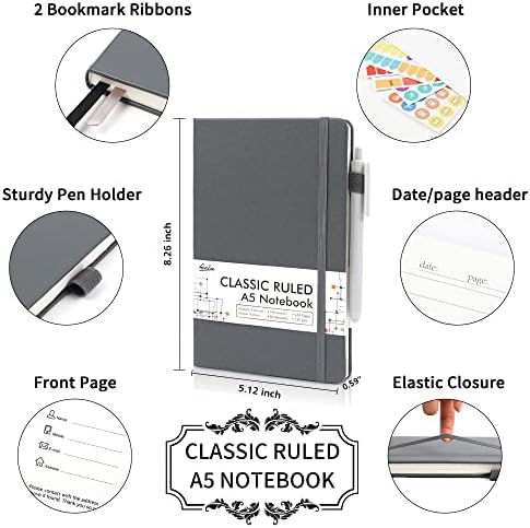12 Pack Notebooks Journals Bulk with 12 Black Pens, Feela A5 Hardcover Notebook Classic Ruled Journal Set with Pen Holder for School Business Work Travel Writing, 120 GSM, 5.1”x8.3”, Gray - Image 2