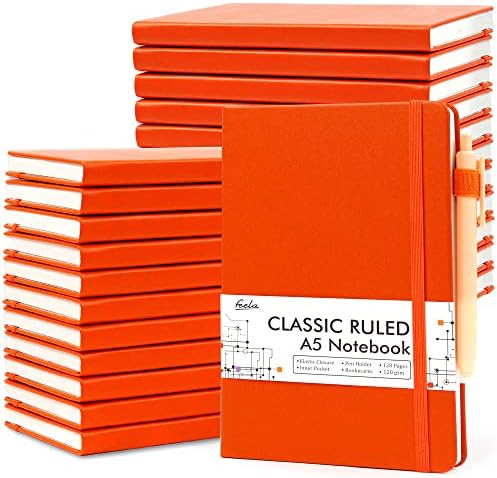 feela 24 Pack Journal Notebook for Work, Business Notebook Bulk Hardcover Lined Writing Journal with Pen Holder for Men Women Note Taking, with 24 Black Pens, 120 GSM, 5.1”x8.3”, A5, Orange by feela