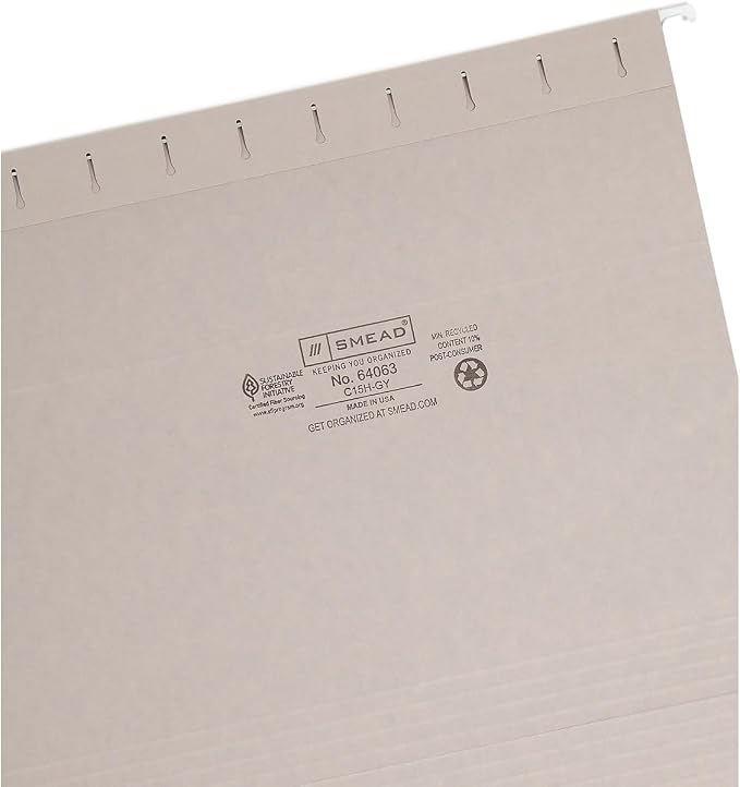 Smead Colored Hanging File Folder with Tab, 1/5-Cut Adjustable Tab, Letter Size, Gray, 25 per Box (64063) (Pack of 1) - Image 3