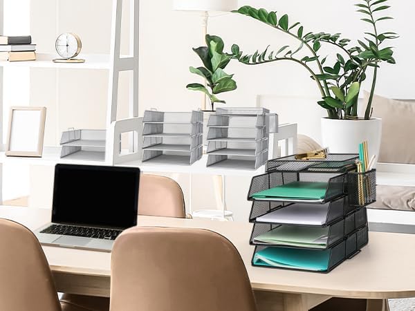 Exerz Paper Sorter Stackable/Desk Letter Tray A4 File Holder 2pcs - Wire Mesh - Office, School - Black | Durable Metal Mesh Holds Papers Files Folders Notebooks And Magazines For Office Home Study Classroom Desks - Image 7