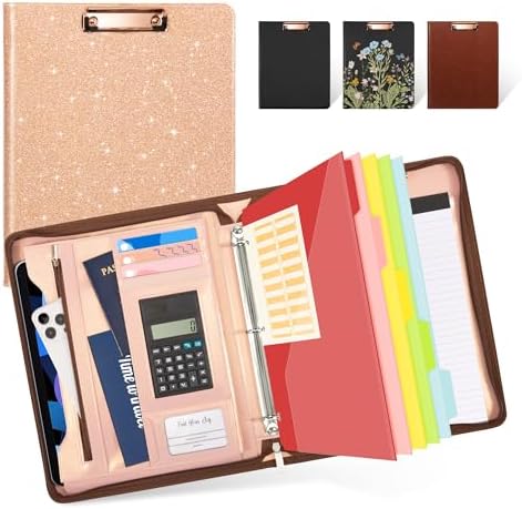 Ospelelf Clipboard with Storage, 3 Ring Binder with Zipper, Leather Padfolio Portfolio Folder, Calculator, 12.1” Tablet Sleeve, 5 Dividers with Pocket|Refillable Notepad, Card Slot (Rose Gold) by OspelelfOfficeSupplies
