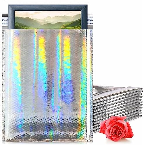 Metallic Bubble Mailers, Hologram Glossy Padded Envelopes 10.5 x 15 Inches, Cushion Bubble Shipping Bags, Self Seal Mailing Envelopes, Pack of 200 by PUREVACY