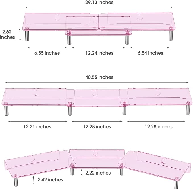 Pink Acrylic Dual Monitor Stand Riser，Adjustable Length Angle for 2Monitors | Double Computer Monitor Riser for Desk with Anti Slip Pad，Desktop organizer Stand for Laptop,PC,Printer,TV，Desk Accessories - Image 6