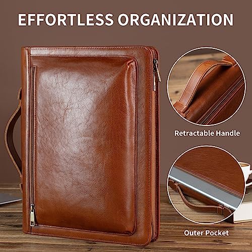 YIWEN Leather Portfolio with Handle, Zippered Front Pocket and Clip - Image 3