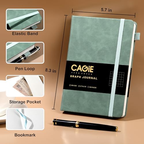 CAGIE Graph Paper Notebook- 320 Pages 100 GSM Graphing Grid Journal A5 Hardcover Leather Quad Ruled Notebooks for Engineering, Math, Work, Green - Image 5