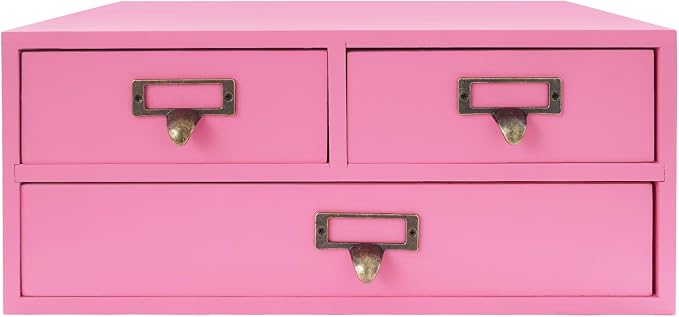Stackable Wooden Desk Storage Box, 12 Drawers Tabletop Organizer, Pink | 4-Pack Countertop Apothecary Cabinet, Vintage Library Card Catalog Storage Cabinet with Metal Label Handles for Office Home - Image 5