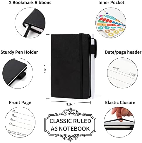 feela 15 Pack Pocket Small Notebooks Bulk, Mini Cute Notepads Hardcover College Ruled Lined Journals with Pen Holder for School Business Memos, with 15 Black Pens, 3.5”x 5.5”, A6, Black - Image 2