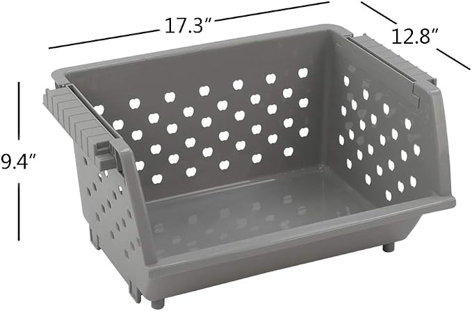 3-Pack Plastic Stacking Open Front Organizer Baskets, Gray | Durable stackable storage bins with modular design, large capacity, for pantry, closet, kitchen & garage organization - Image 2