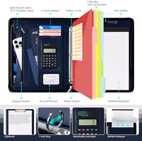 Ospelelf 3 Ring Portfolio Binder with Zipper, Leather Clipboard with Storage, Padfolio Folder for Men, 12.1” Tablet Sleeve, 5 Dividers with Pocket, Refillable Notepad, Card Slot (Navy Bule) - Image 3