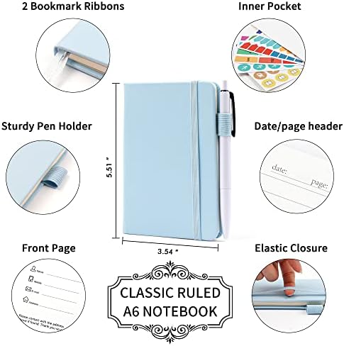 feela 15 Pack Pocket Small Notebooks Bulk, Mini Cute Memo Notepads Hardcover College Ruled Lined Journals with Pen Holder for Women Girls Office School, with 15 Black Pens, 3.5”x 5.5”, A6, Light Blue - Image 2