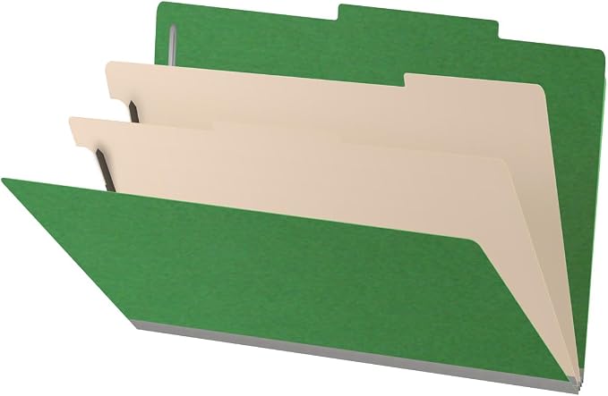 25 Pt. Pressboard Classification Folders, 2/5 Cut ROC Top Tab, Legal Size, 2 Dividers, Moss Green (Box of 10) by Ecom+Folders