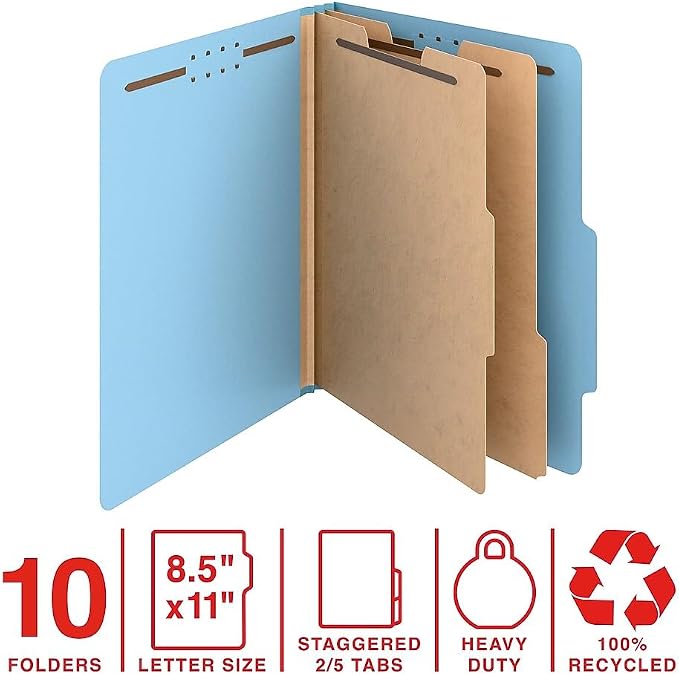 Staples Heavy‑Duty Recycled Classification Folder, Letter Size, 2 Dividers, 2″ Expansion, Light Blue Pressboard, Durable Construction - Image 2