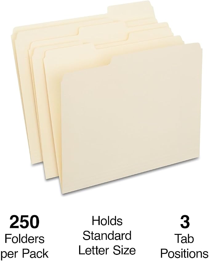 Staples File Folders, Letter Size, 1/3‑Cut Tabs, Assorted Positions, Manila, Durable Paper Stock, 250/Pack - Image 2