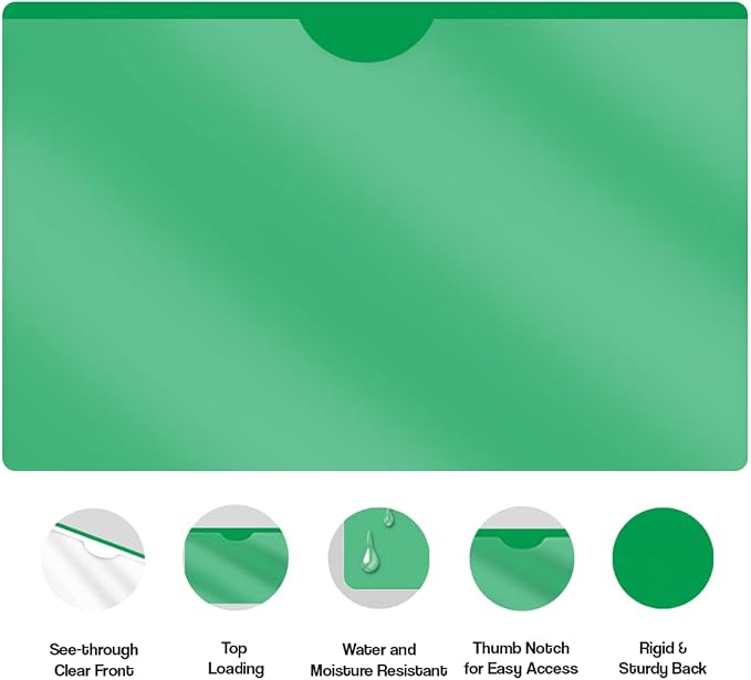 Doctor Stuff- 50 Pack, Vinyl Plastic Pocket File Folders Closed Sides, Legal Size, Clear Front Top Loading Job Jacket, Documents Holder for Office, High School and Medical Files, Green - Image 4