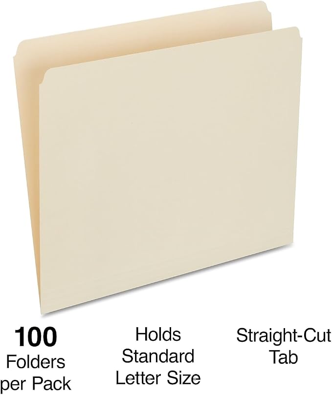 Staples Single‑Tab File Folders, Letter Size, Manila, Durable Paper Stock, 100/Box - Image 2
