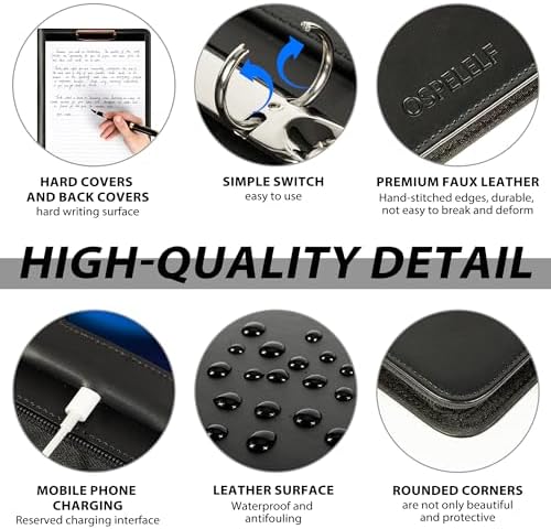 Ospelelf Leather Clipboard with Storage, Zippered Padfolio Portfolio Organizer, 3 Ring Binder 1 Inch, Notepad, Tablet Sleeve, 5 Dividers with Pocket for Office, Nurses, Students, Teachers Black - Image 5