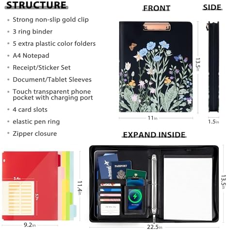 Ospelelf Leather Clipboard with Storage, Zippered Padfolio Portfolio Organizer, 3 Ring Binder 1 Inch, Notepad, Tablet Sleeve, 5 Dividers with Pocket for Office,Students, Teachers Night Flowers - Image 2