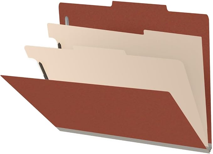 25 Pt. Pressboard Classification Folders, 2/5 Cut ROC Top Tab, Letter Size, 2 Dividers, Brick Red (Box of 10) by Ecom+Folders