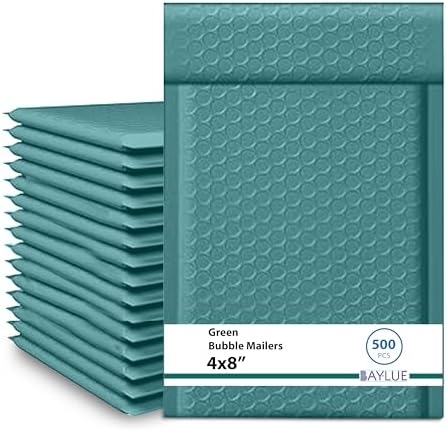 Small Green Bubble Mailers 4x8, Poly Padded Envelopes #000, 500 Pack by BAYLUE