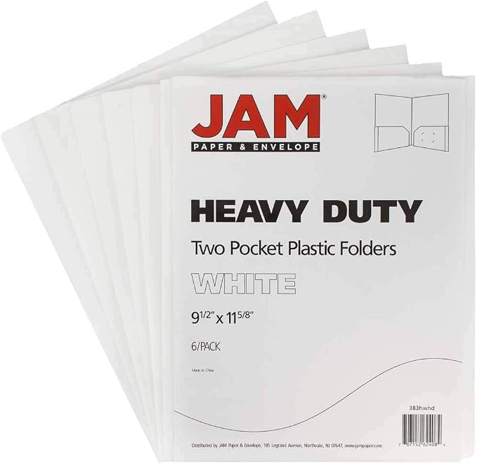 JAM PAPER Heavy Duty Plastic 2 Pocket Extra Tough School Folders - White - 6/Pack - Image 2
